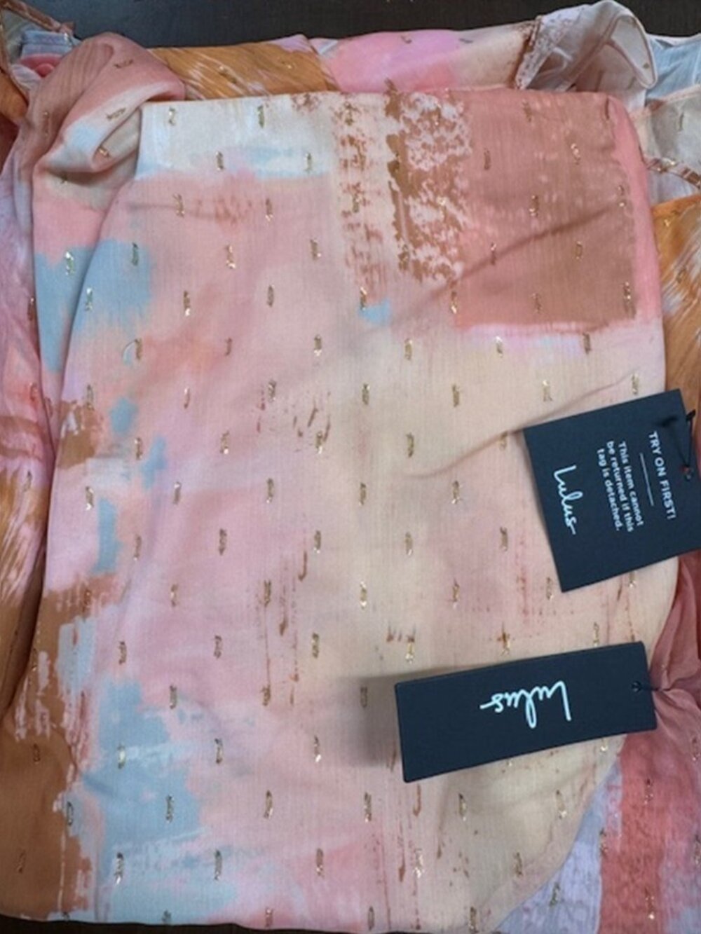 Lulus Faria Peach Multi Abstract Metallic Clip Dot Midi Dress NWT - Picture 6 of 9